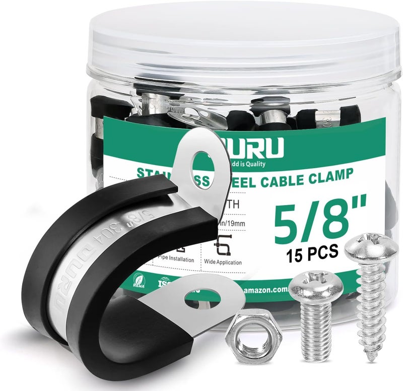 ORU 15PCS 5/8 Inch Cable Clamps with 35PCS Screws Assortment Kit 304 Stainless Steel Rubber Cushioned Insulated Cable Clamp, Automotive Wire Pipe Clamps(16mm) - Image 1